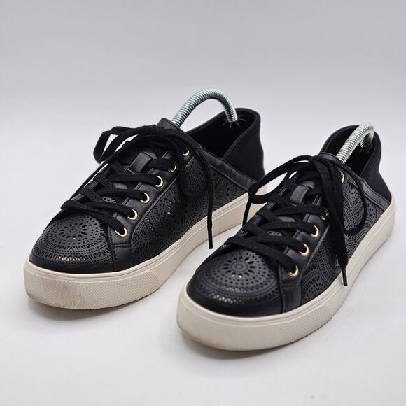 ALDO Sneakers Women’s Black Lace Mandala Cutout Gold Eyelets Size 7 - Picture 3 of 7